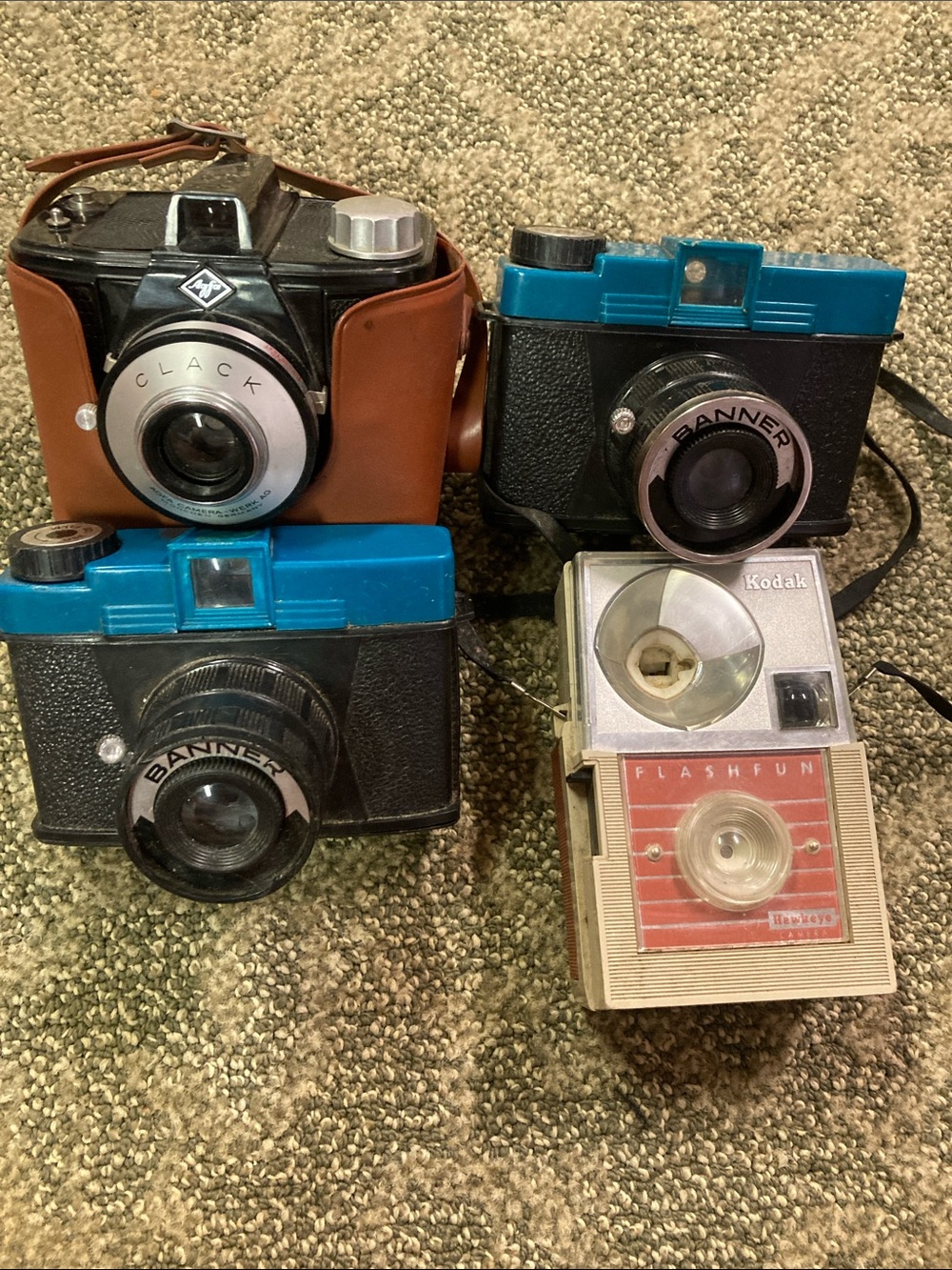 4 vintage film cameras plastic cycle up decor shelf pieces props as is